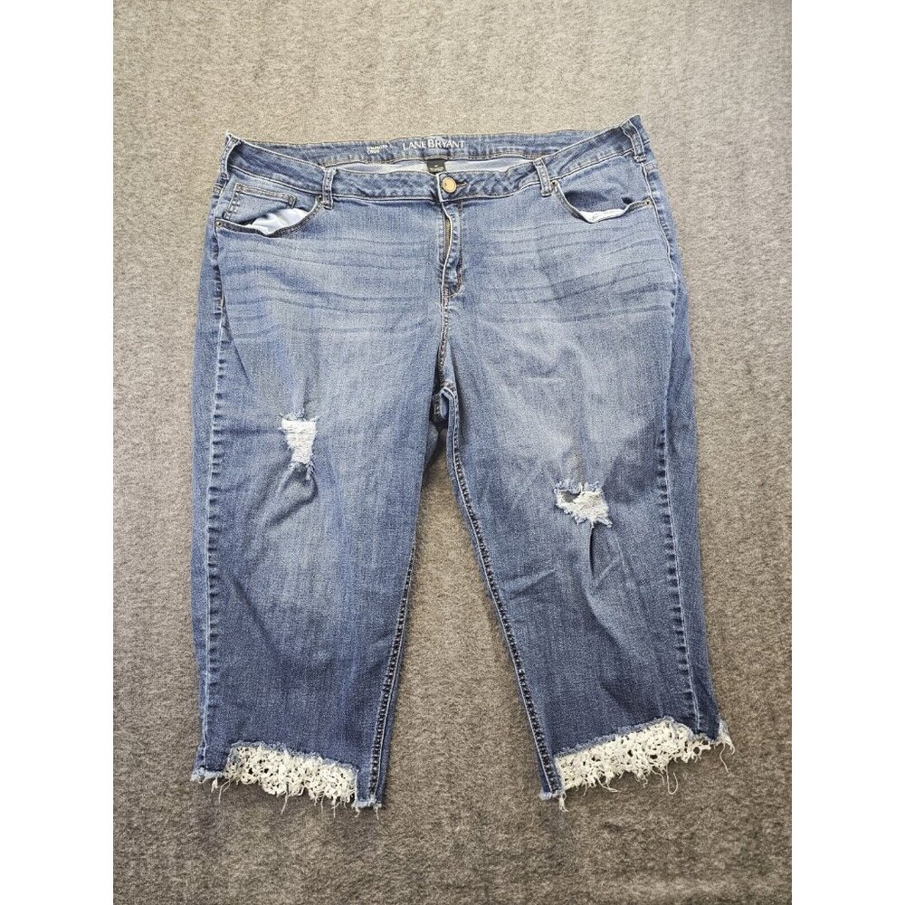 Lane Bryant Jeans Women's Size 28 Medium Wash Girlfriend Crop Laced Hem Distress